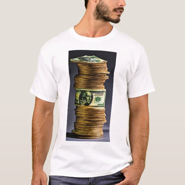 "Money Moves: White T-Shirt with Dollar Print" (Front)