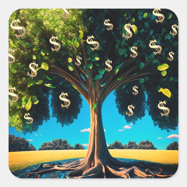 Money Tree Prosperity Wealth Abundance Blessing Square Sticker (Front)