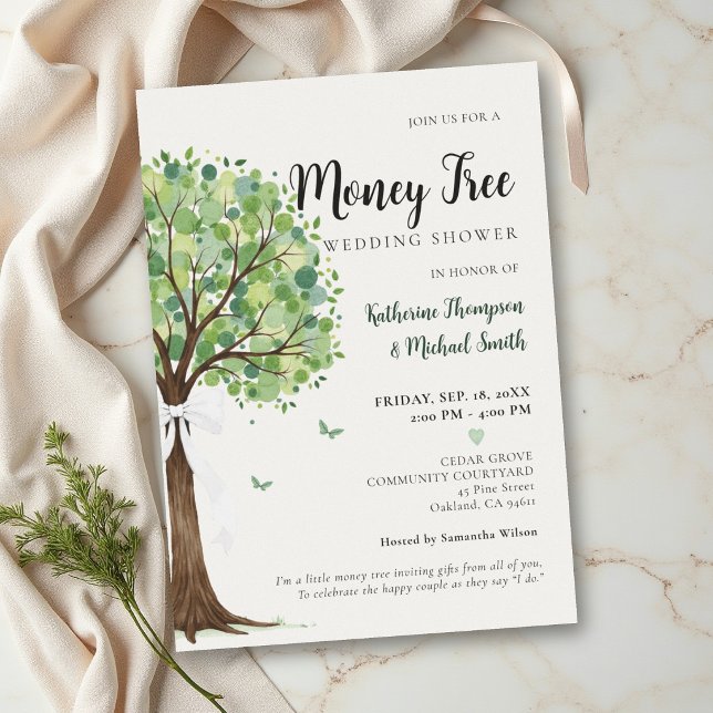 Money Tree Theme Classy Chic Couple Bridal Shower Invitation (money tree wedding couple shower classy modern elegant watercolor bow butterflies)