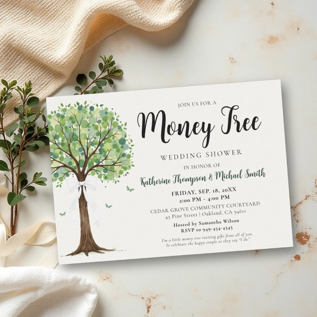 Money Tree Theme Gathering Couple Bridal Shower Invitation (money tree wedding couple shower classy modern elegant bow watercolor)