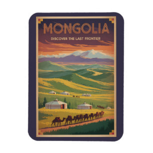Mongolia Camels Yurt Illustration Travel Art Retro Magnet
