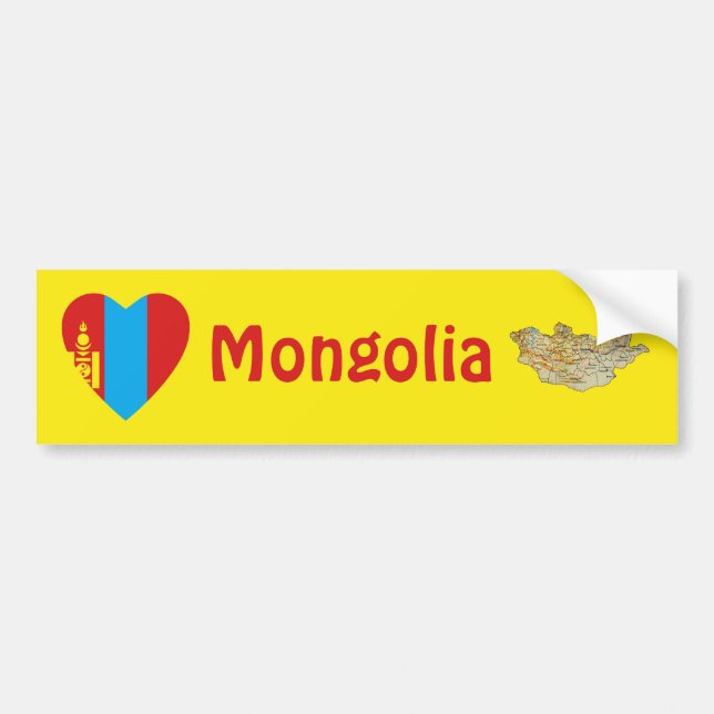 Mongolia Flag Heart + Map Bumper Sticker (Front)
