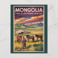 Mongolia Horses Yurt Illustration Travel Art Retro