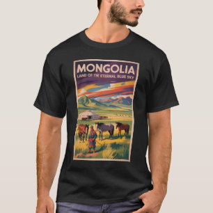 Mongolia Horses Yurt Illustration Travel Art Retro T-Shirt