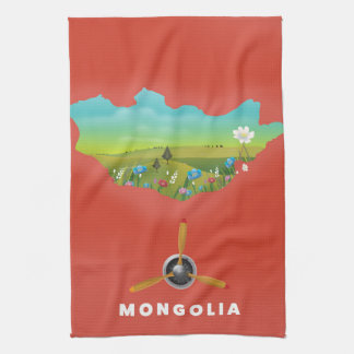Mongolia Illustrated map tourism poster. Tea Towel