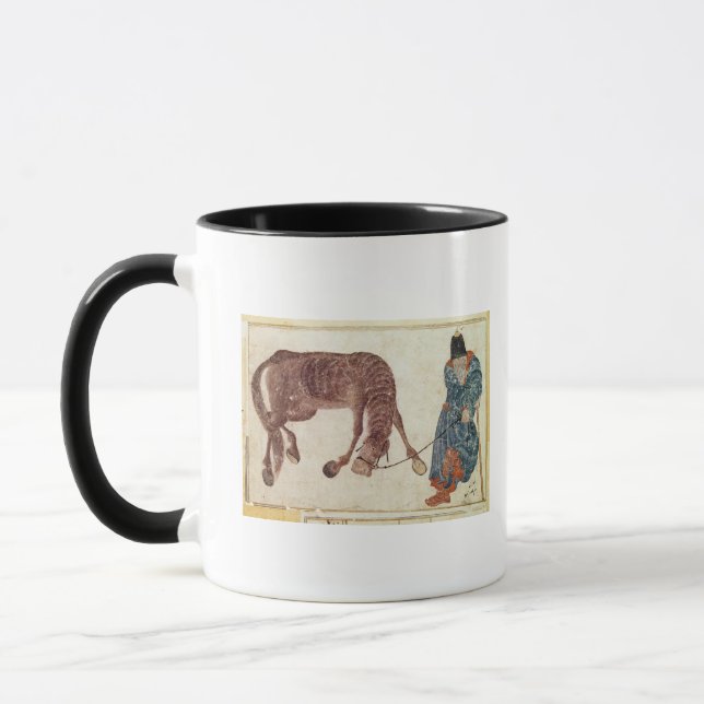 Mongolian nomad taking his horse to water mug (Left)