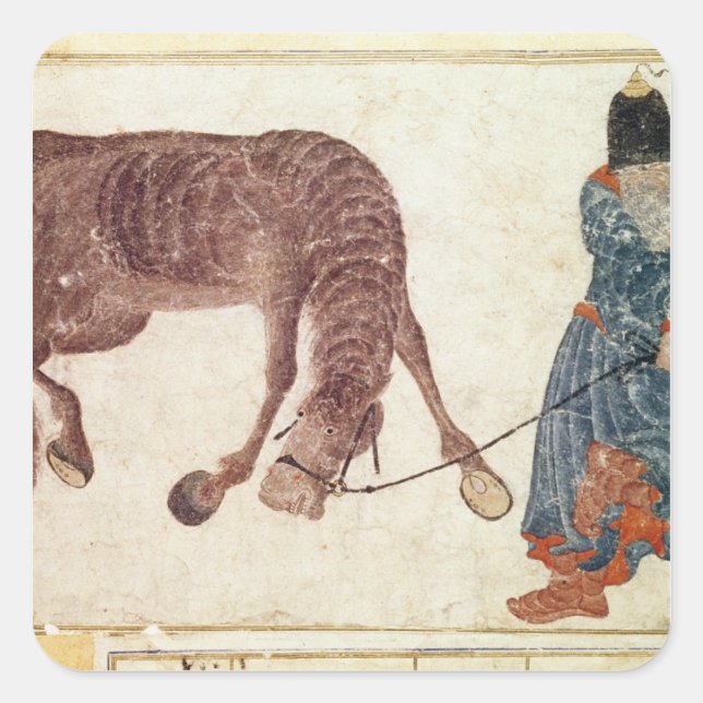 Mongolian nomad taking his horse to water square sticker (Front)