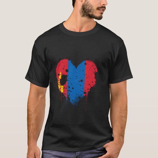 Mongolian Pride Mongolian Roots Mongolia Flag Hear T-Shirt (Front)
