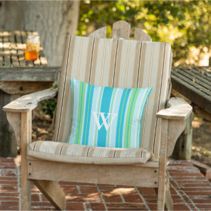 Mongrammed Aqua Blue, Green and White Stripes Outdoor Cushion