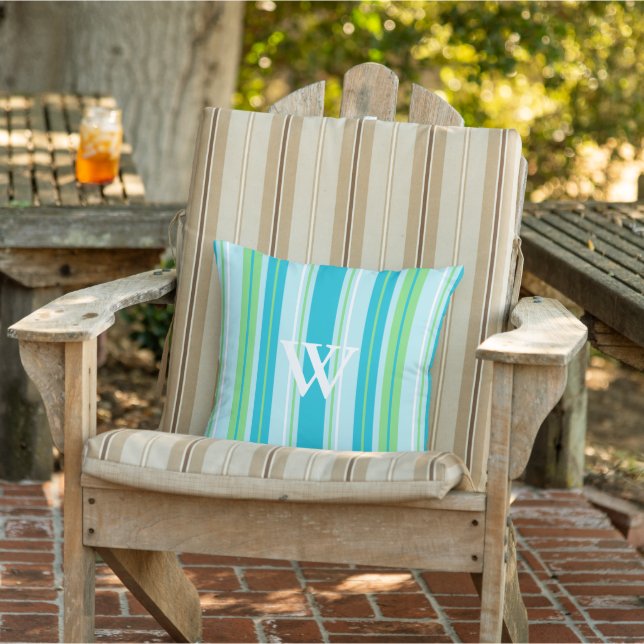 Mongrammed Aqua Blue, Green and White Stripes Outdoor Cushion (Chair)