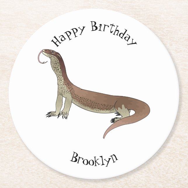 Monitor lizard cartoon illustration round paper coaster (Front)