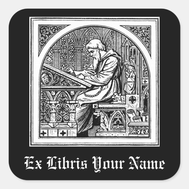 Monk At Mediaeval Writing Desk Bookplate Square Sticker (Front)