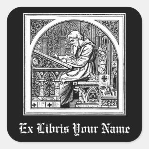 Monk At Mediaeval Writing Desk Bookplate Square Sticker