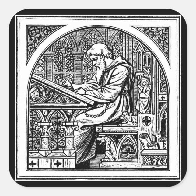 Monk At Mediaeval Writing Desk Square Sticker (Front)