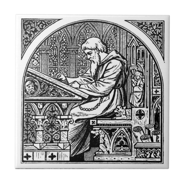Monk At Medieval Writing Desk Tile (Front)