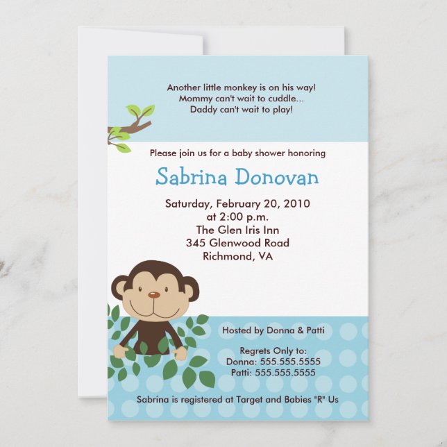 MONKAROONI Monkey Blue Baby Shower Invitation (Front)