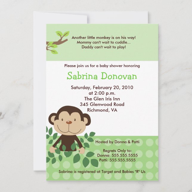 MONKAROONI Monkey Green Neutral Baby Shower Invitation (Front)