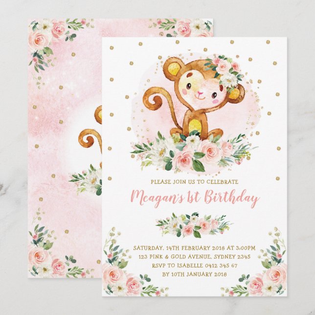 Monkey 1st Birthday Blush Pink Floral Wild One Invitation (Front/Back)