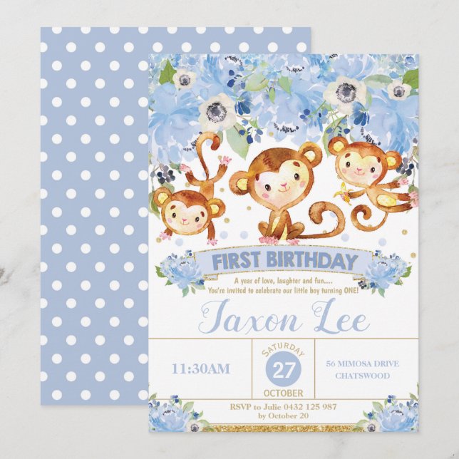 Monkey 1st Birthday Invitation Boy Blue Floral (Front/Back)