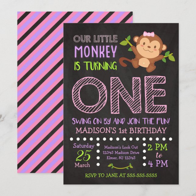 Monkey 1st Birthday Invitation for a Girl (Front/Back)