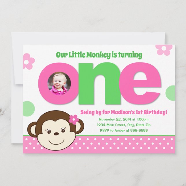 Monkey 1st Birthday Invitation Pink Monkey Girl (Front)