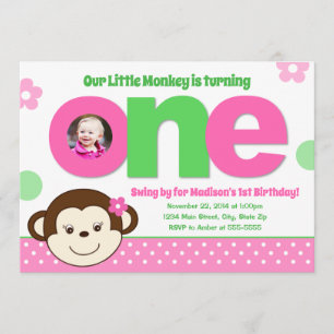 Monkey 1st Birthday Invitation Pink Monkey Girl