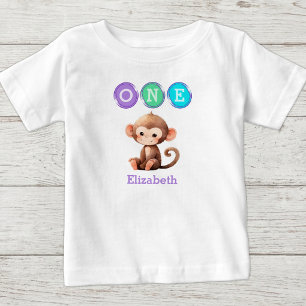 Monkey 1st Birthday one with name purple Baby T-Shirt