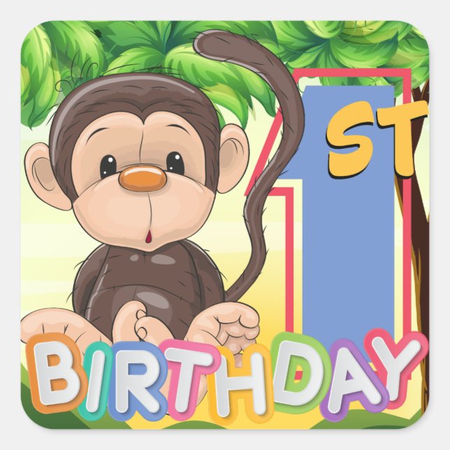 Monkey 1st Birthday Party Square Sticker (Front)