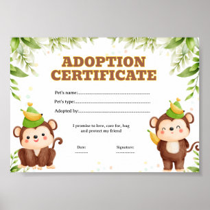 Monkey adopt a pet colouring certificate poster
