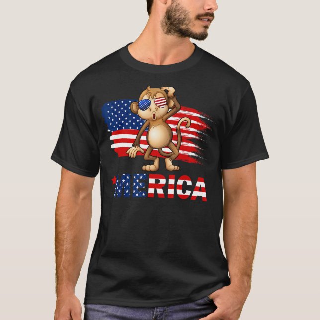Monkey American Flag Sunglasses Merica  4th Of Jul T-Shirt (Front)