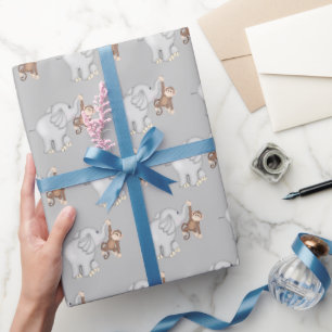 Monkey and Elephant On Grey Wrapping Paper