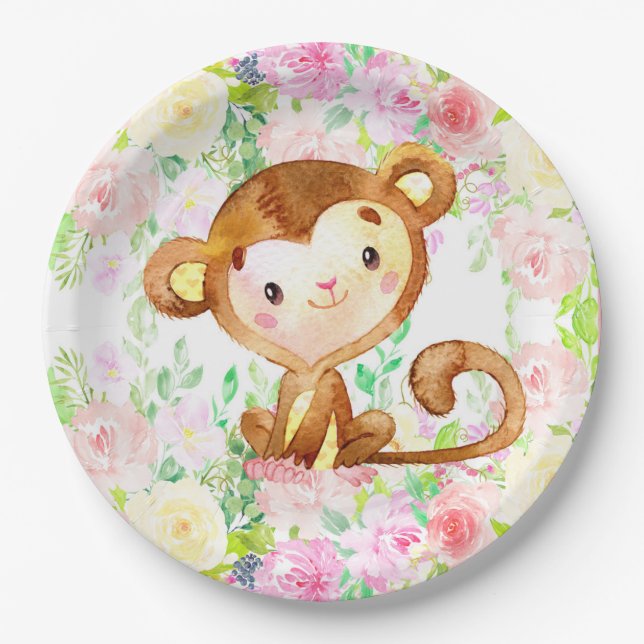 Monkey and flowers girl baby shower paper plates. paper plate (Front)