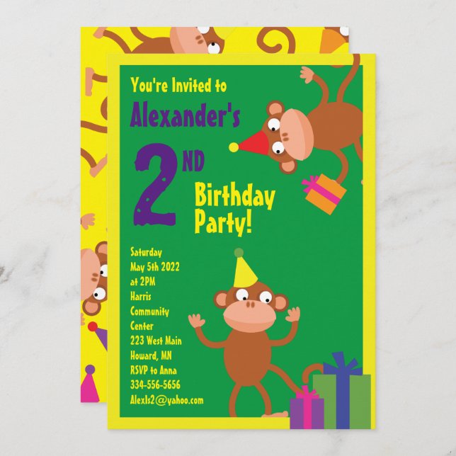Monkey Animal Kid's Birthday Party Invitations (Front/Back)