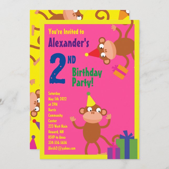 Monkey Animal Kid's Birthday Party Invitations (Front/Back)