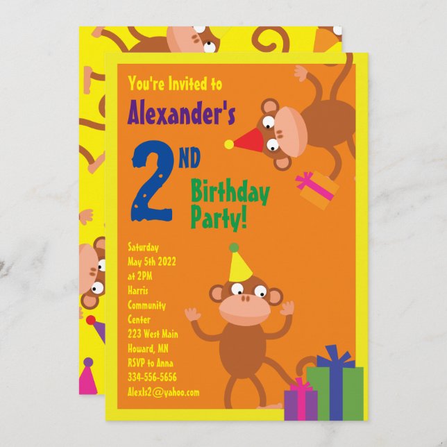 Monkey Animal Kid's Birthday Party Invitations (Front/Back)