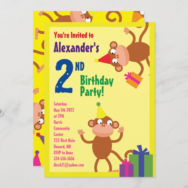 Monkey Animal Kid's Birthday Party Invitations (Front/Back)