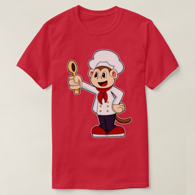 Monkey as Cook with Cooking apron Wooden spoon T-Shirt (Design Front)