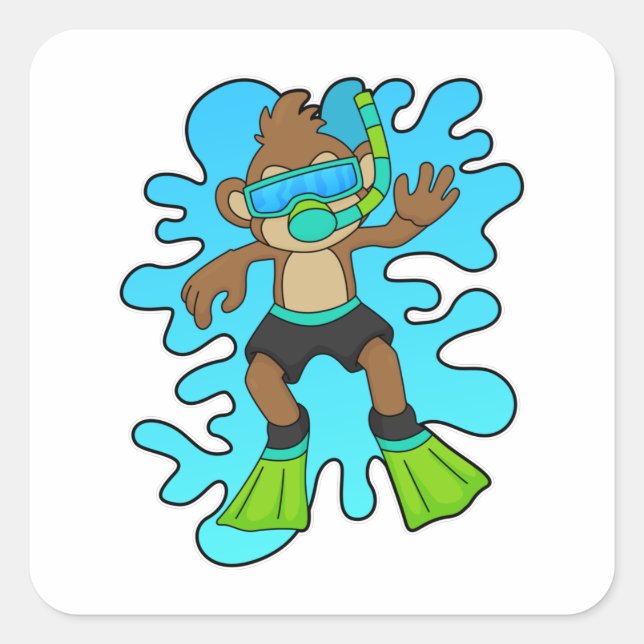 Monkey as Diver with Snorkel Square Sticker (Front)