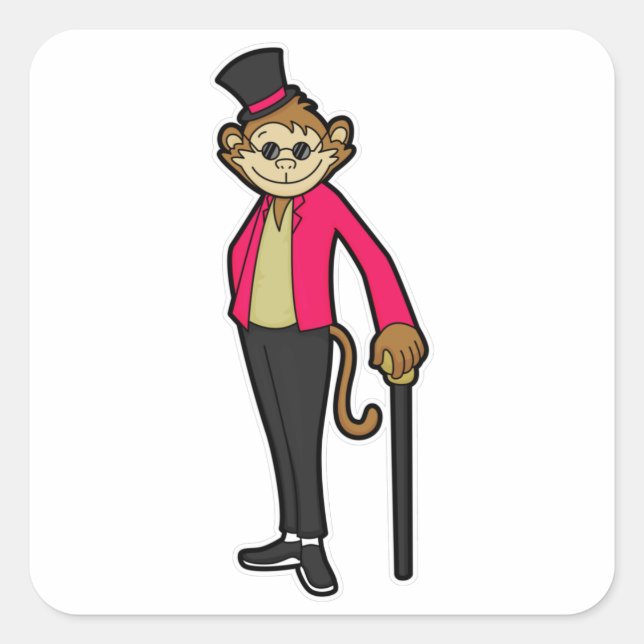 Monkey as Gentleman with Hat & Walking stick Square Sticker (Front)