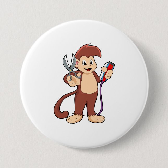 Monkey as Hairdresser with Scissors & Razor 7.5 Cm Round Badge (Front)