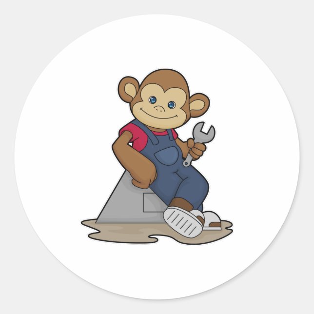 Monkey as Mechanic with Wrench Classic Round Sticker (Front)