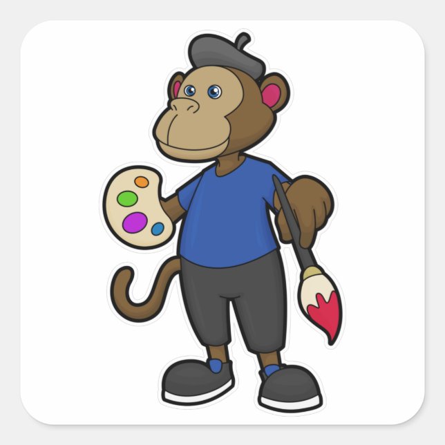 Monkey as Painter with Paint & Brush Square Sticker (Front)