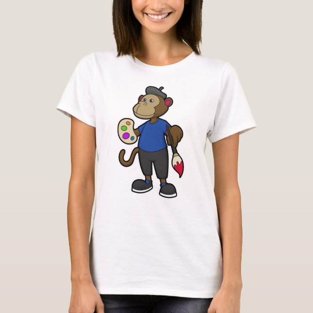 Monkey as Painter with Paint & Brush T-Shirt (Front)