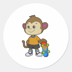 Monkey as Skater with Skateboard Classic Round Sticker