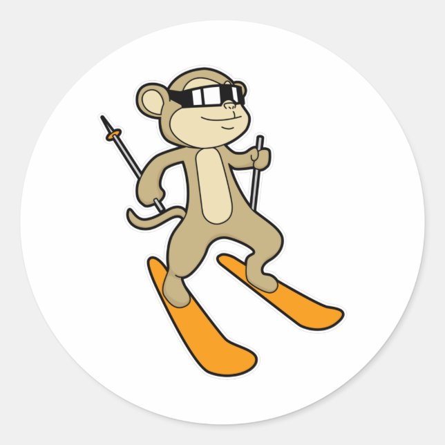 Monkey as Skier with Ski Classic Round Sticker (Front)