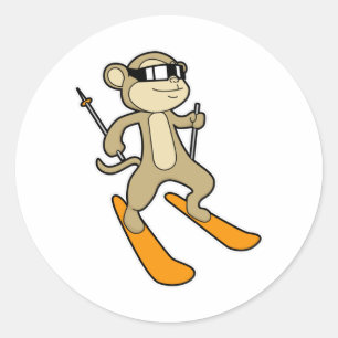 Monkey as Skier with Ski Classic Round Sticker