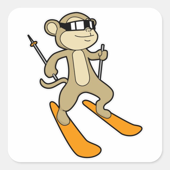 Monkey as Skier with Ski Square Sticker (Front)