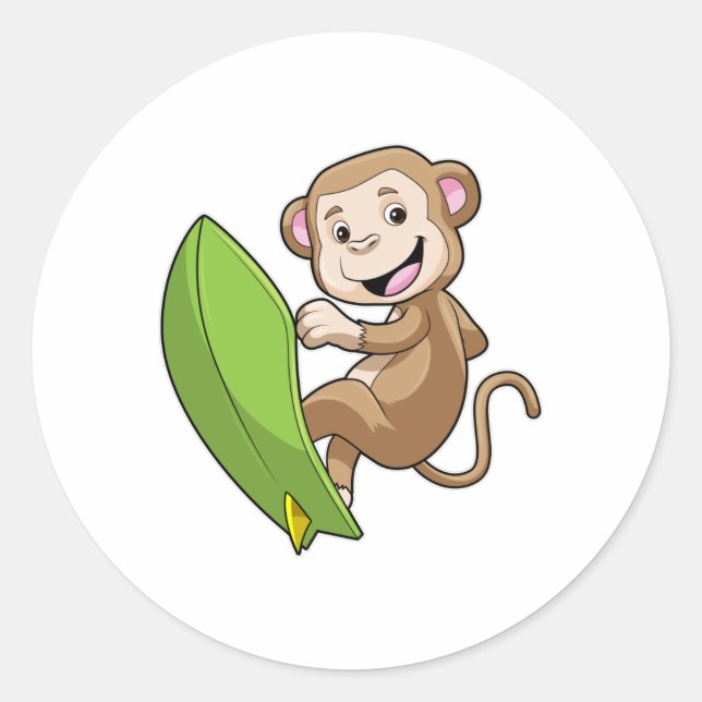 Monkey as Surfer with Surfboard Classic Round Sticker (Front)