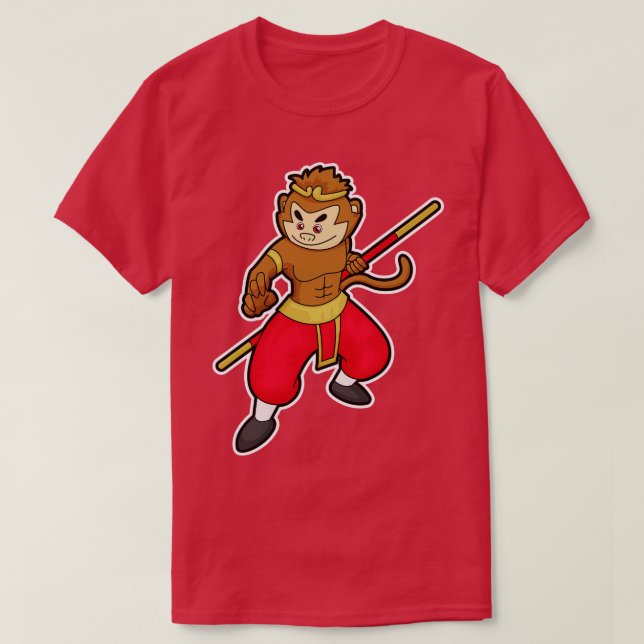 Monkey as Warrior with Staff Head T-Shirt (Design Front)
