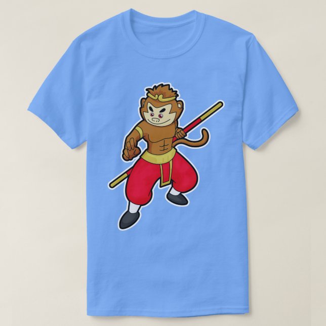 Monkey as Warrior with Staff Head T-Shirt (Design Front)